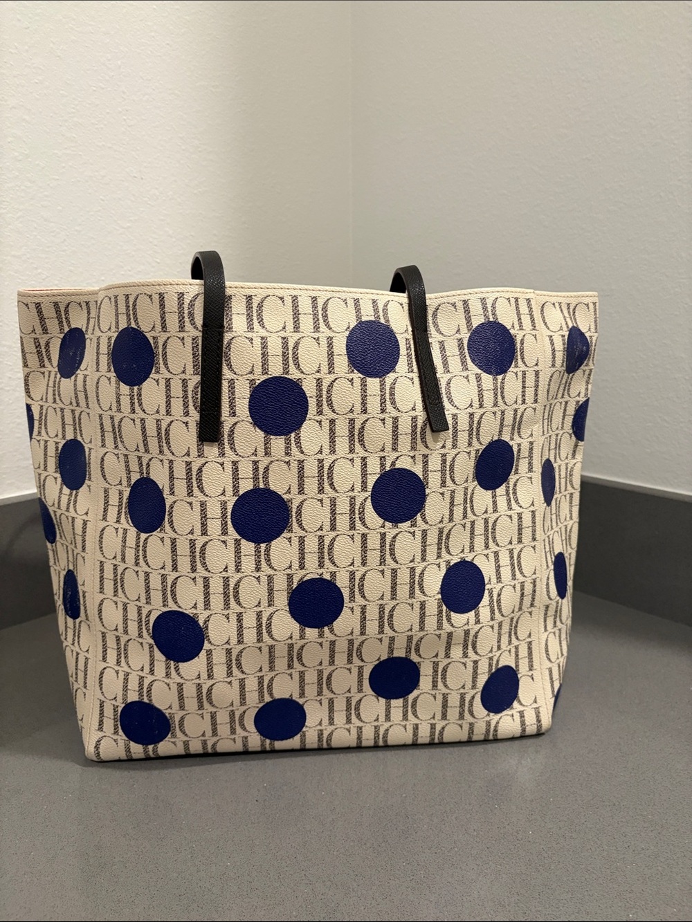 Carolina Herrera Cream Canvas Tote with Blue Polka Dots